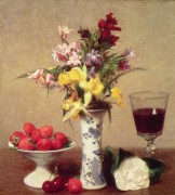 Букет цветов, бокал вина и ягоды - Фантен-Латур, Анри