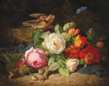 Цветочный натюрморт с малиновкой и голубой бабочкой - Лауэр, Йозеф