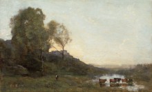 Пейзаж с пятью коровами, переходящими речку вброд - Коро, Жан-Батист Камиль