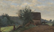 Пейзаж с фермой, всадником и девочкой - Коро, Жан-Батист Камиль