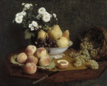 Цветы и фрукты на столе - Фантен-Латур, Анри