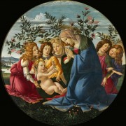 Мадонна, поклоняющаяся Младенцу Христу, с пятью ангелами - Боттичелли, Сандро