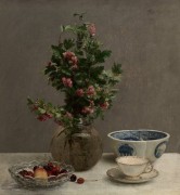 Натюрморт с боярышником в вазе, вишнями, японской чашей, чашкой и блюдцем - Фантен-Латур, Анри