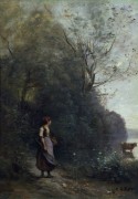 Пейзаж с крестьянкой и коровой на берегу пруда - Коро, Жан-Батист Камиль