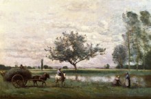 Повозка с сеном у реки - Коро, Жан-Батист Камиль