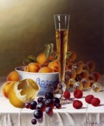 Натюрморт с фруктами и шампанским на скатерти - Ходриэн, Рой