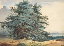 Два старых дерева на фоне горного пика - Дюпре, Жюль