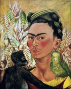 Автопортрет с обезьянкой и попугаем - Кало, Фрида