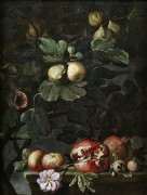 Натюрморт с фиговой веткой и яблоками, розой и гранатами на постаменте - Брейгель, Абрахам