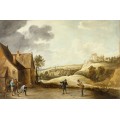 Пейзаж с крестьянами, играющими в шары во дворе таверны -  Тенирс, Давид