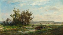 Коровы и прачки на берегу пруда в Морване - Добиньи, Шарль-Франсуа 