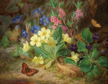 Картина Альпийские цветы с фиалками и бабочка - Лауэр, Йозеф