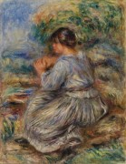 Сидящая девушка на фоне пейзажа - Ренуар, Пьер Огюст