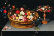 Корзина и чаша с розами, тюльпанами и лилиями - Брейгель, Ян (младший)
