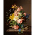 Букет цветов в вазе, птичье гнездо и бабочка - Лауэр, Йозеф