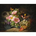 Цветочный натюрморт со щеглом и птичьим гнездом - Лауэр, Йозеф