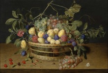 Натюрморт со сливами, виноградом и персиками в плетеной корзине - Хюльсдонк, Якоб ван