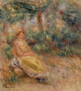 Женщина в розовом и желтом на фоне пейзажа - Ренуар, Пьер Огюст