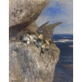 Прибрежный пейзаж с сапсаном, принесшим птенцам в гнездо добычу - Лильефорс, Бруно