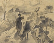 Девушка, ведущая стадо коров по дороге - Писсарро, Камиль