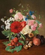 Натюрморт с цветами, ягодами, орехами и сливами - Лауэр, Йозеф
