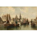 Вид на шумный город с лодками на канале - Зиген, Август фон