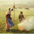Молодые крестьянки, разжигающие костер - Писсарро, Камиль