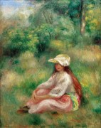 Девушка в розовом на фоне пейзажа - Ренуар, Пьер Огюст