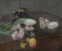Гиацинты, тюльпаны и фиалки на столе - Фантен-Латур, Анри