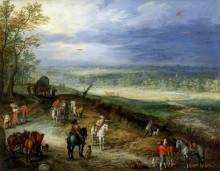 Панорамный пейзаж с путниками на дороге - Брейгель, Ян (Старший)