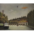 Вид моста Севр и холмов Кламара, Сен-Клу и Бельвю, с бипланом, воздушным шаром и дирижаблем - Руссо, Анри