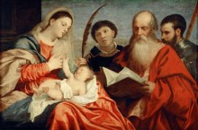 Мадонна с Mладенцем и святыми Стефаном, Иеронимом и Маврикием - Тициан Вечеллио