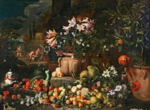 Натюрморт с цветами и фруктами, путти и животными - Брейгель, Абрахам
