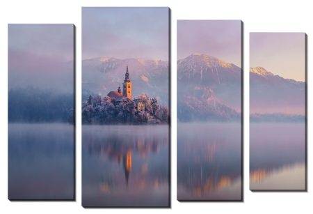 Модульная фото картина «Горы отражение в воде: сиреневый пейзаж» 4 части