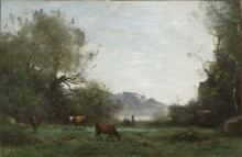 Пейзаж с пастухами и коровами на лугу - Коро, Жан-Батист Камиль
