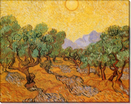 Оливковые деревья с желтым небом и солнцем - Гог, Винсент ван
