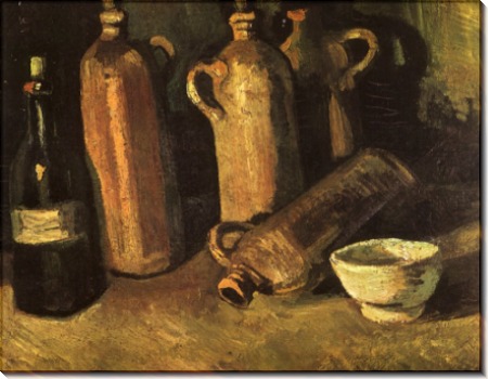 Натюрморт с четырьмя бутылками, флягой и белой чашкой - Гог, Винсент ван