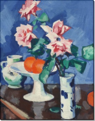 Розовые розы в сине-белой вазе с апельсинами и кувшин - Пепло, Самуэль Джон