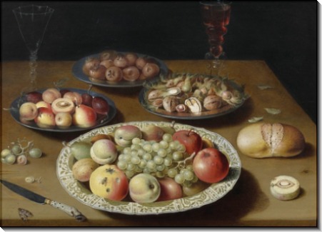 Натюрморт из фруктов и орехов, хлеба, двух бокалов вина и ножа - Берт, Осиас