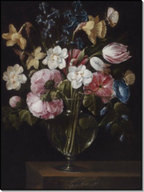 Цветы в стеклянной вазе на деревянном выступе - Арельяно, Хуан де