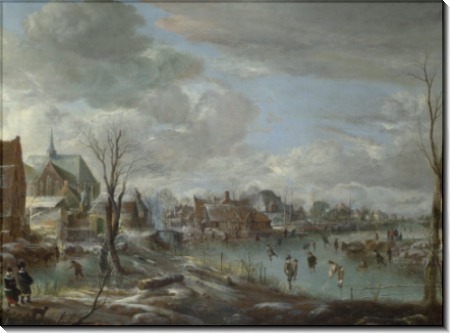 Замерзшая река возле деревни с игроками в гольф и фигуристами - Нер, Арт ван дер