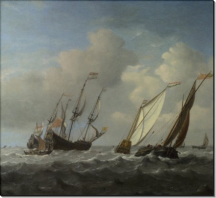 Голландский корабль, яхта и лодка во время бриза - Велде, Виллем ван де (Младший)