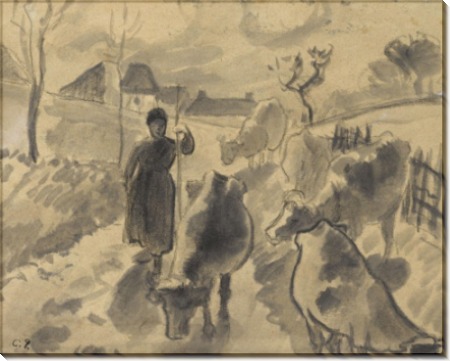 Девушка, ведущая стадо коров по дороге - Писсарро, Камиль