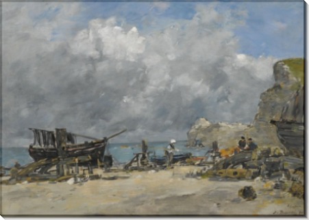 Этрета, рыбацкие лодки и рыбаки на пляже, 1890 - Буден, Эжен