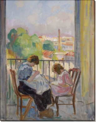 Мадам Лебаск и ее дочь шьют у окна, 1911 - Лебаск, Анри