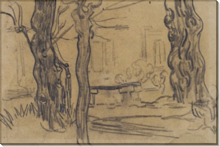 Деревья, каменная скамьи и фонтан в саду (Trees, Stone Bench and Fountain in the Garden of the Asylum), 1889 - Гог, Винсент ван