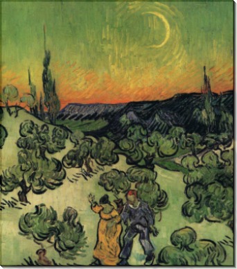 Пейзаж с гуляющей парой и полумесяцем (Landscape with Couple Walking and Crescent Moon), 1890 - Гог, Винсент ван
