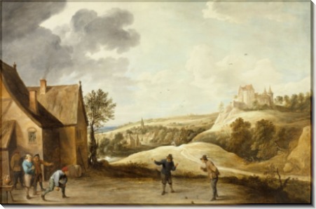 Пейзаж с крестьянами, играющими в шары во дворе таверны -  Тенирс, Давид
