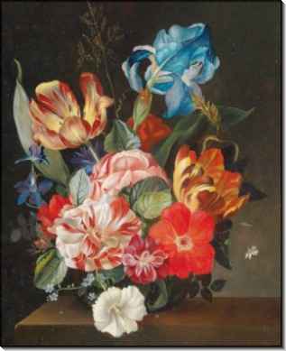 Натюрморт с розами, тюльпанами, лилиями и незабудками - Шустер, Йозеф