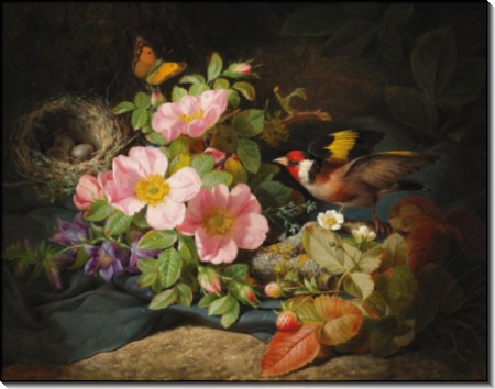 Цветочный натюрморт со щеглом и птичьим гнездом - Лауэр, Йозеф